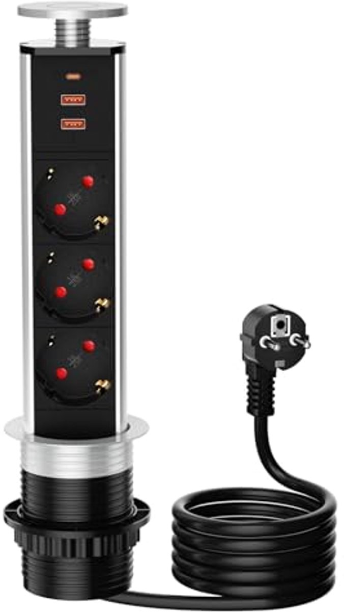 Tafelstopcontact met 3 Vakken en USB-C voor Kantoor en Keuken, Intrekbaar met 1.8m Kabel