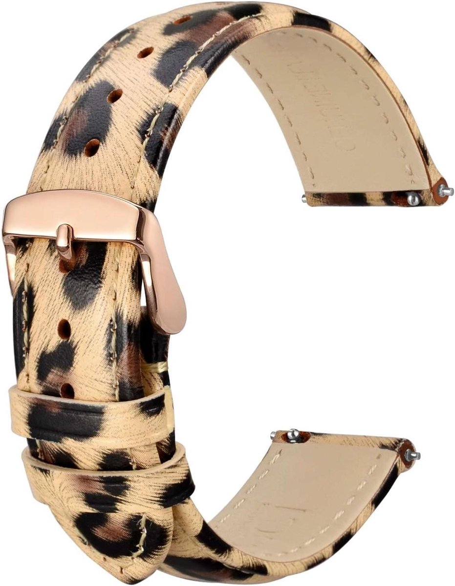 Bloem horlogeband van echt leer voor dames - 20mm - snelsluiting - roségouden gesp - luipaardpatroon