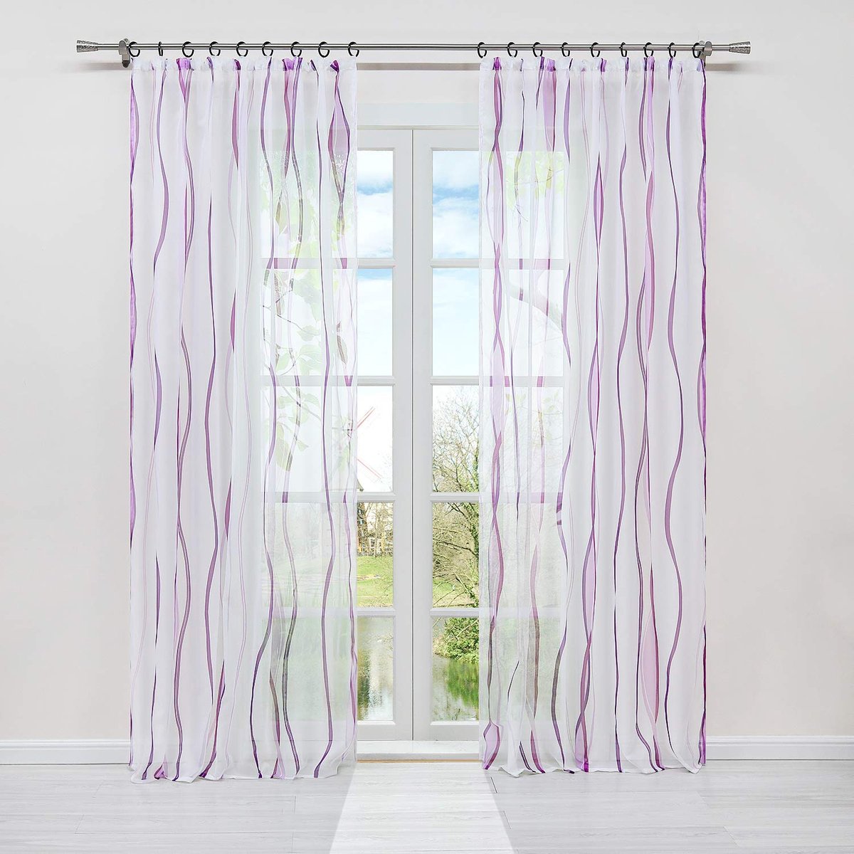 Azomor® Lichte en luchtige voile gordijn met modern golfpatroon en rimpelband 140x245 cm