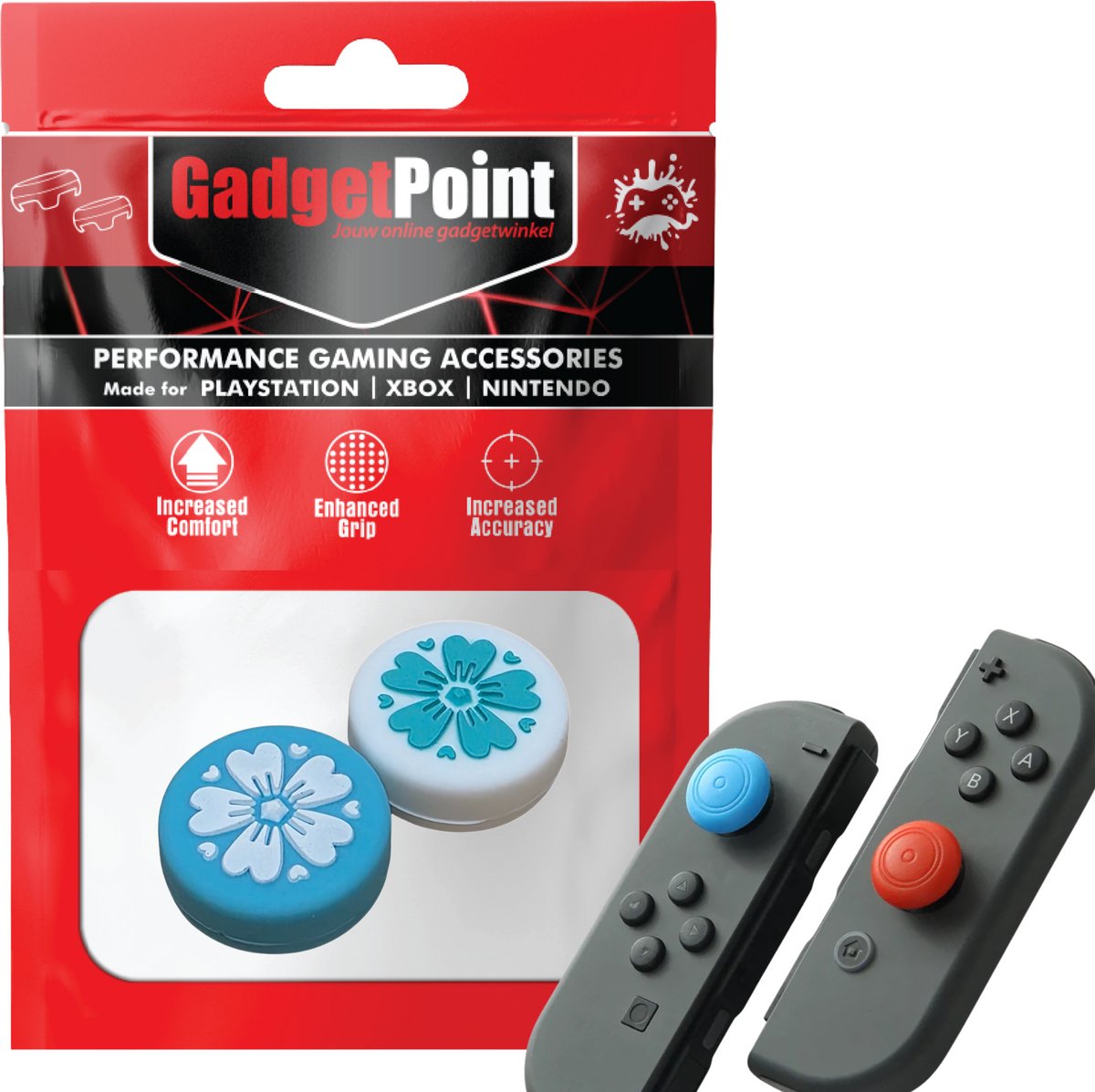 Gadgetpoint | Gaming Thumb Grips | Performance Thumbsticks | Accessoires geschikt voor Nintendo Switch Joy-Con Controller(s) | Thumbgrips | Bloemetjes - Blauw/Wit