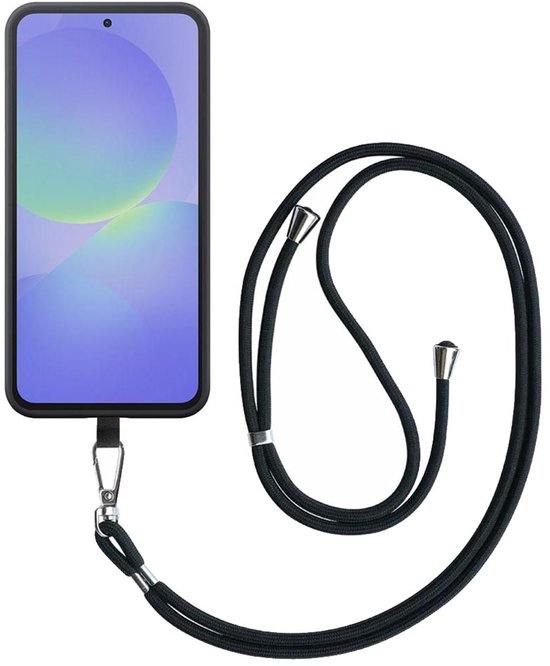 Zwart telefoonhoesje met verstelbaar, afneembaar zwart koord. Telefoon met paars scherm.