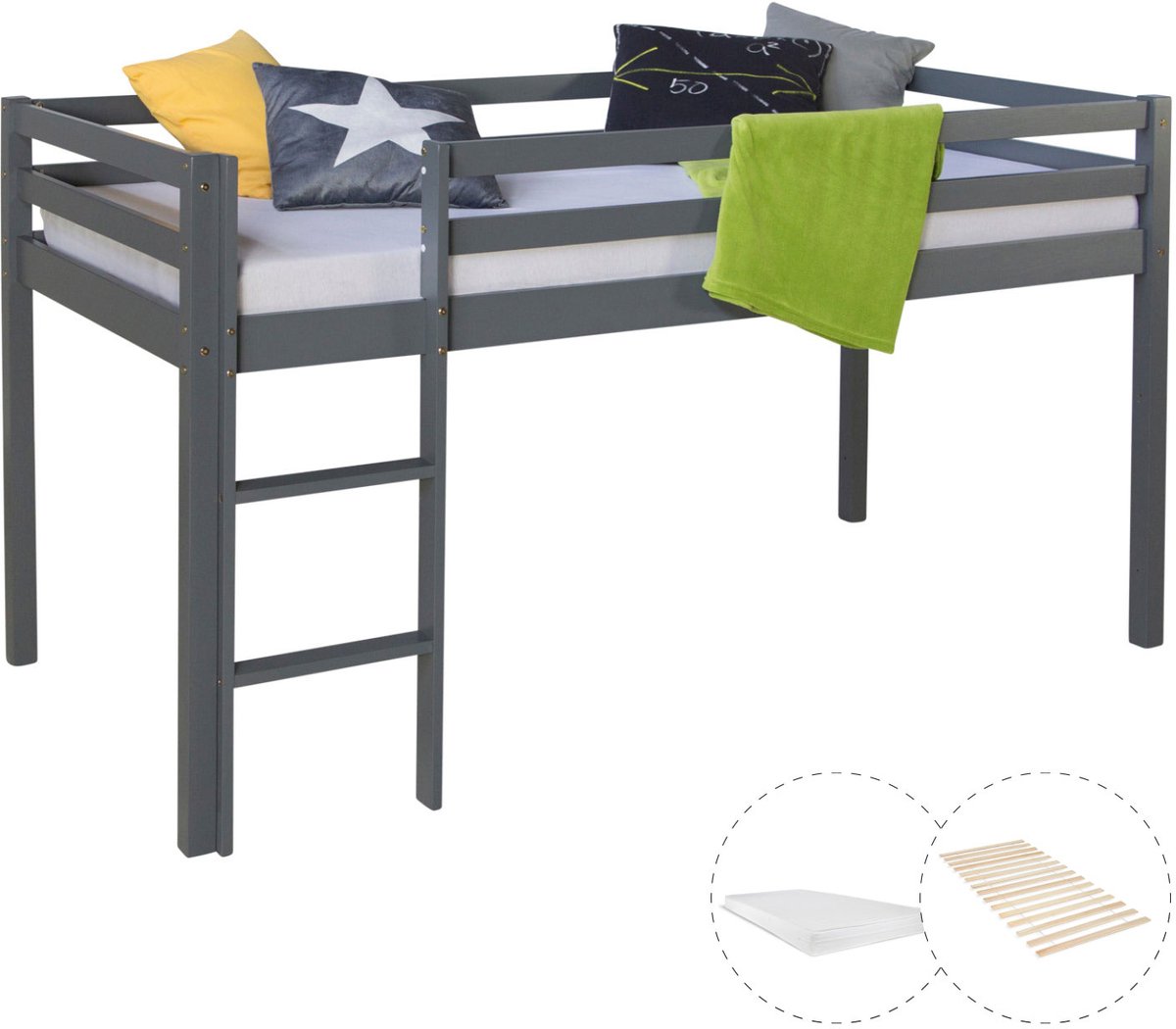 Homestyle4u Hoogslaper - 90x200 cm - grijs - met lattenbodem en matras
