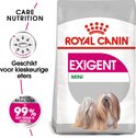 Zak Royal Canin Exigent Mini, geschikt voor kieskeurige eters, met illustratie van een hond.