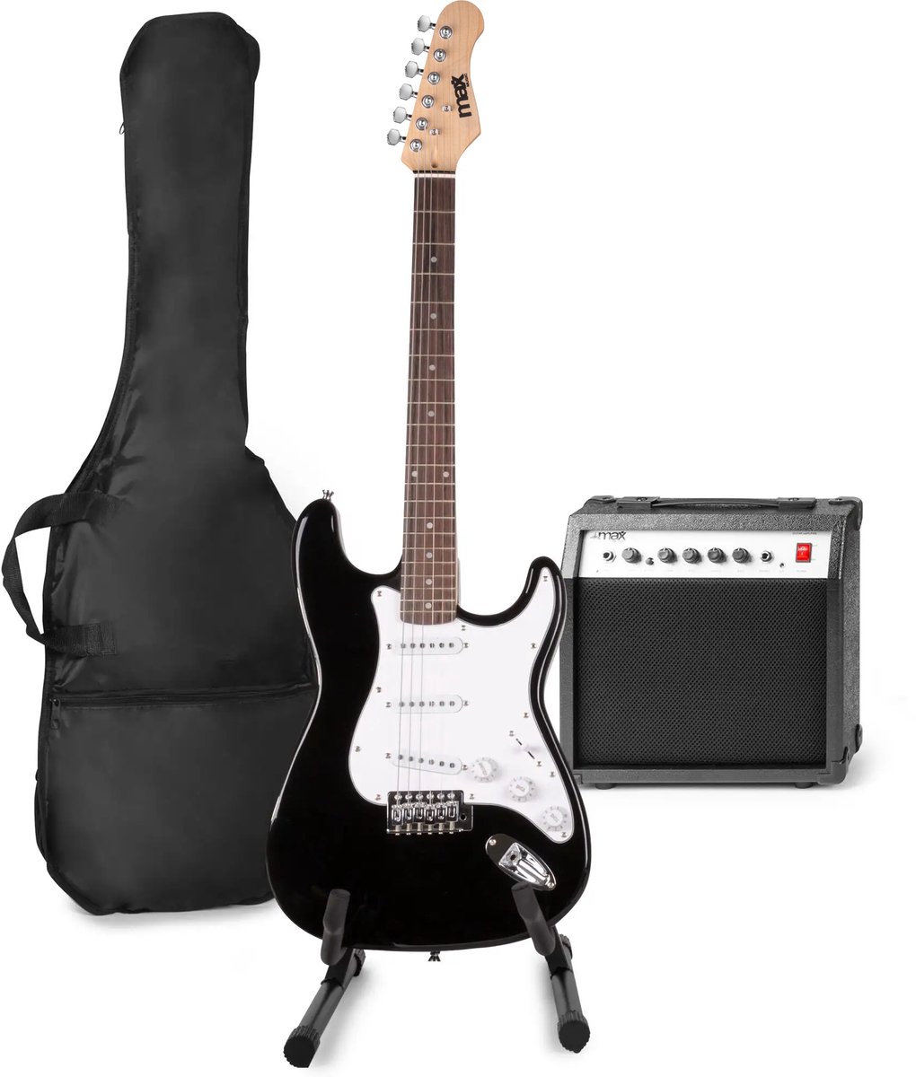 Elektrische gitaar met gitaar versterker - MAX Gigkit - Perfect voor beginners - incl. gitaar standaard gitaar stemapparaat gitaartas en plectrum - Zwart