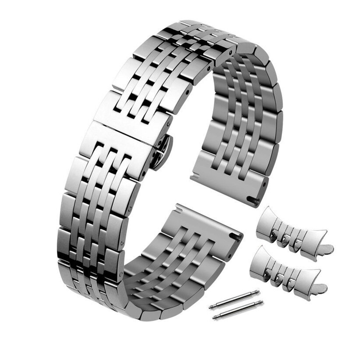 Vervangende band met gebogen roestvrijstalen gepolijste vlindersluiting - Zilver [Seven-Bead - Stalen band] - Platte interface 20 mm - Gratis gebogen interface