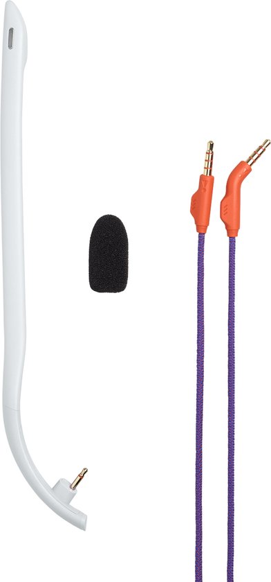 Onderdelen van een gaming headset: witte microfoonarm, microfoonkapje, en twee kabels met oranje connectoren.