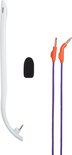 Onderdelen van een gaming headset: witte microfoonarm, microfoonkapje, en twee kabels met oranje connectoren.