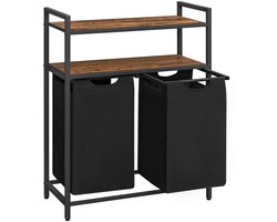 Wasmand, wasbak, wasverdelersysteem met 2 uittrekbare en afneembare zakken en dubbele opbergrek, elke zak met een capaciteit van 46 liter, geschikt voor badkamer of wasruimte, 73 x 33 x 91 cm, bruin en zwart