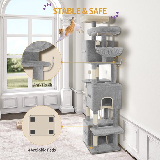 HOOBRO Kattenboom, kattentoren, kattenbakbehuizing met krabpalen, kattenhangmat, houten kattenwasruimte, verborgen kattenbakmeubels, All-in-One indoor kattenvilla, rustiek bruin FG48MZ03
