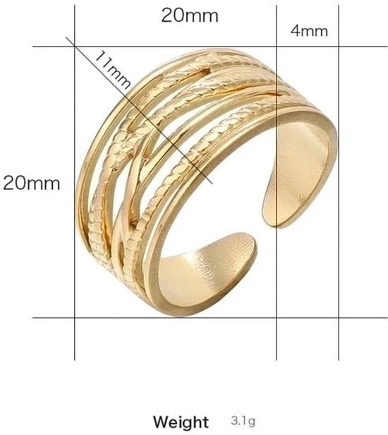 Goudkleurige verstelbare ring met lijnenpatroon en afmetingen aangegeven.