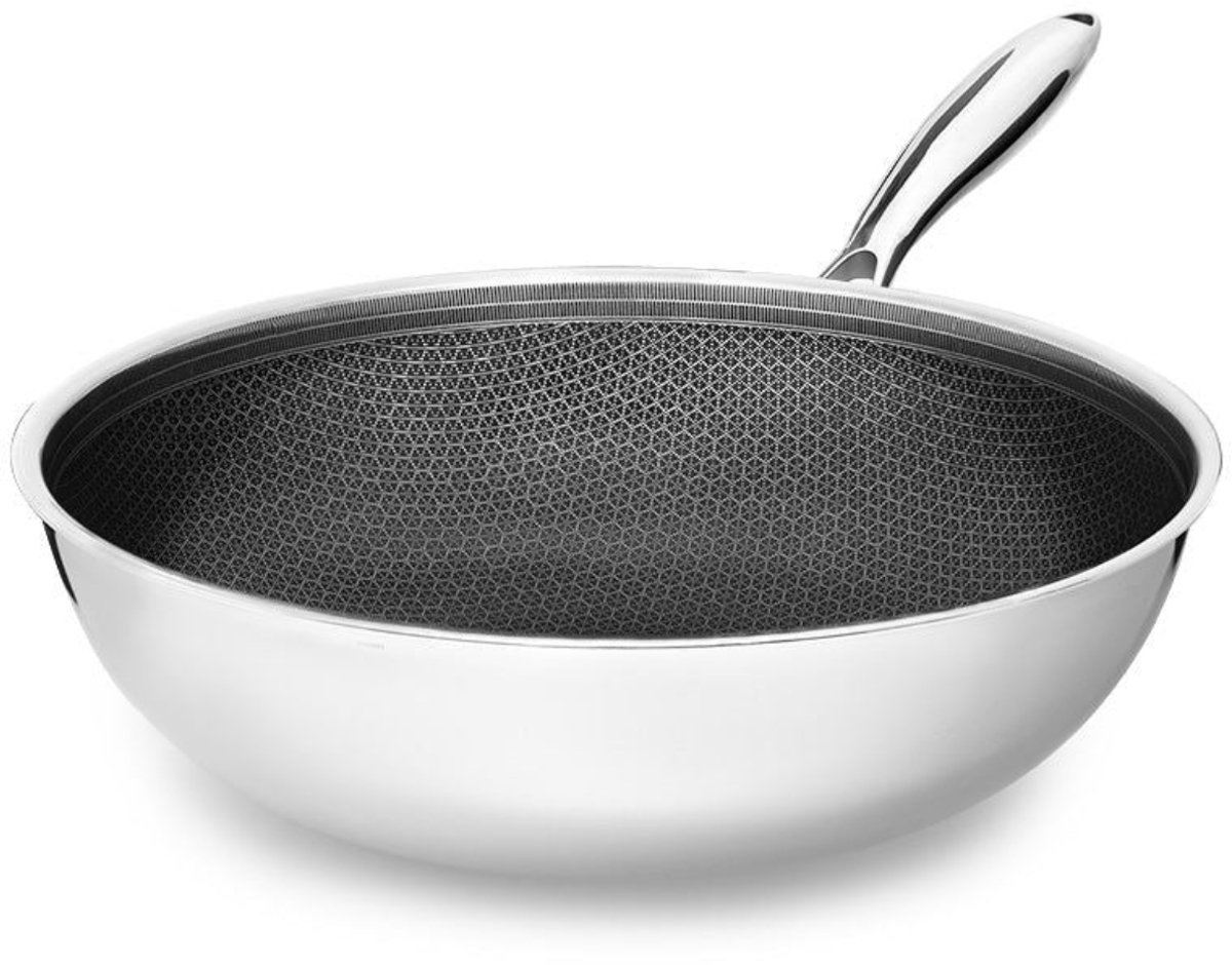 Wokpan Ø 28cm - RVS - Inductie - Honingraat Anti-Aanbak - Alle Warmtebronnen - PTFE en PFAS vrij