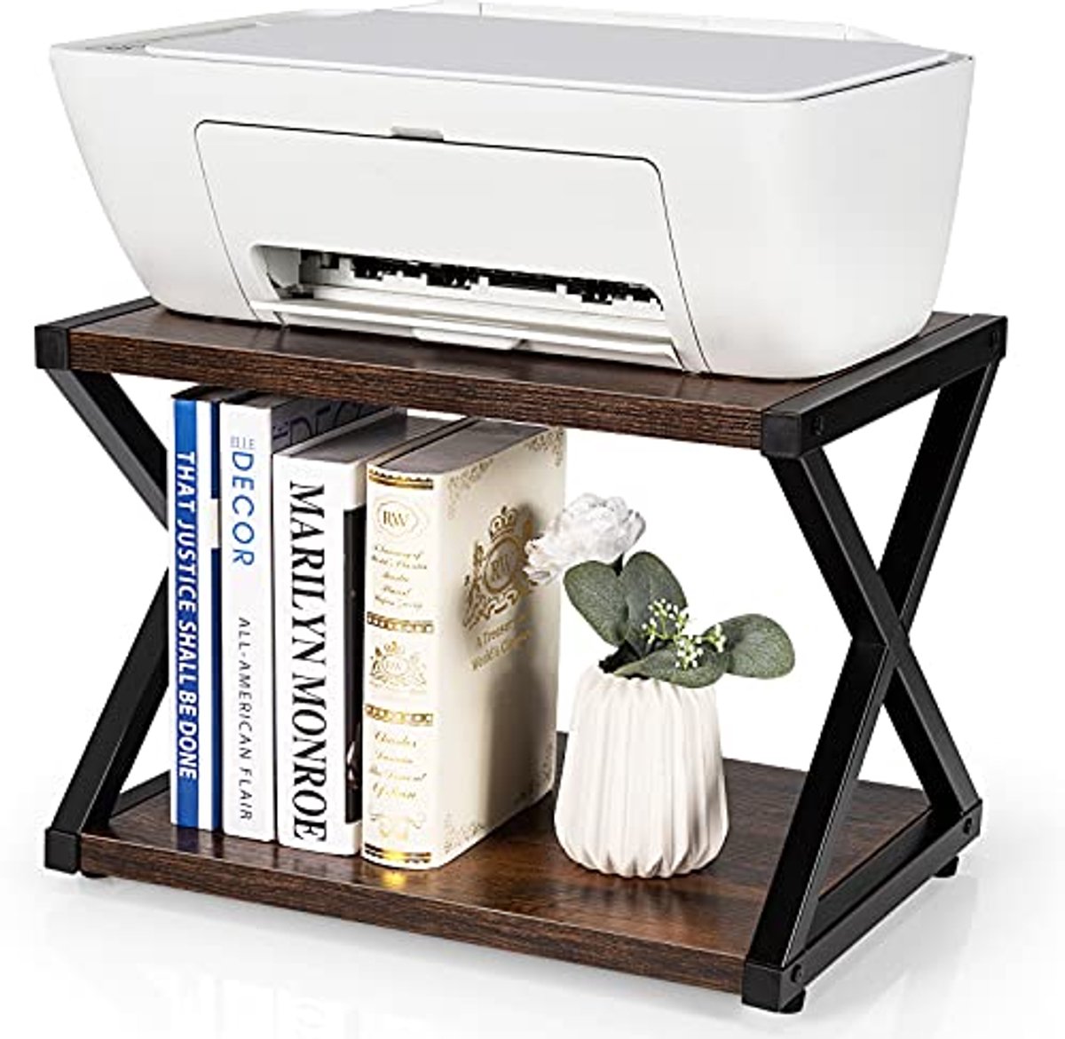 Image of 2-lagen desktopprinter standaard voor thuis en kantoor - houten boekenplank met verstelbare antislip pads