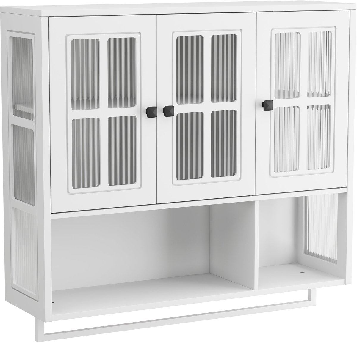 Merax Badkamer Wandkast - 3-Deurs Houten Kast met Open en Gesloten Opbergruimte - Medicijnkast met Glazen Deur en Handdoekrek - Wit