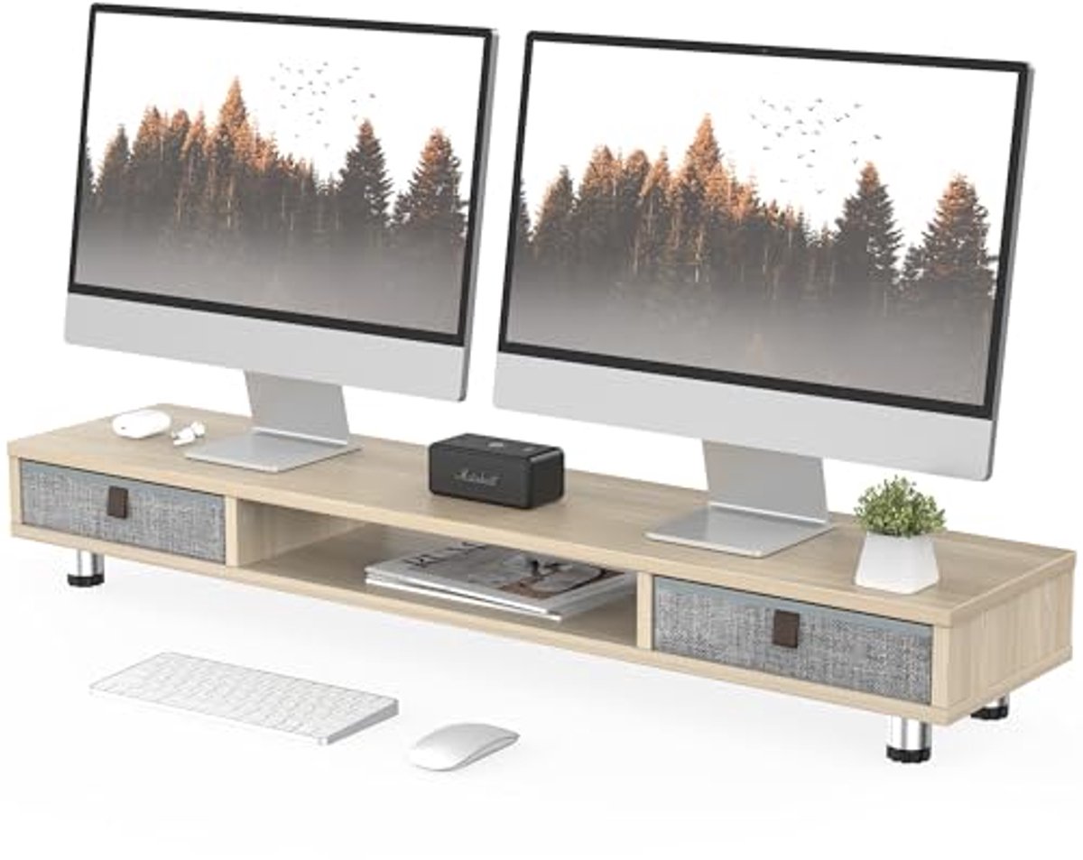 Dual Monitor Stand met 2 Lade voor Computer en TV - Ergonomisch en Ruimtebesparend