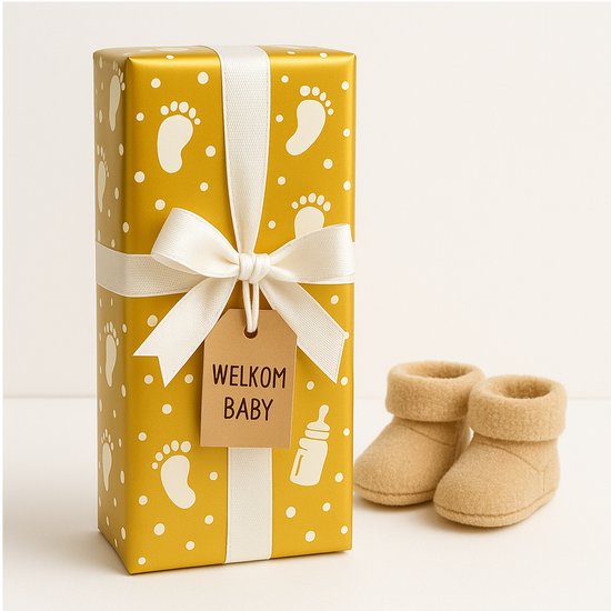 Papier cadeau Bébé – Goud avec pieds blancs – 3 rouleaux – 2 m x 70 cm – total 6 mètres