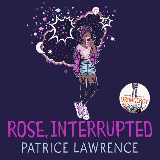Illustratie van een meisje met roze haar dat een selfie maakt, met de titel 'Rose, Interrupted' en 'Patrice Lawrence'.