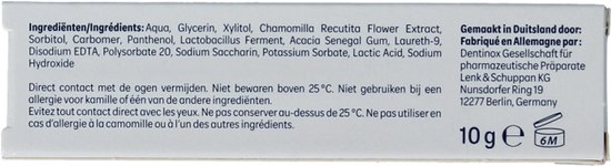 Ingrediënten: Aqua, Glycerin, Xylitol, Kamillebloemextract. Gemaakt in Duitsland. Inhoud 10g 6M.