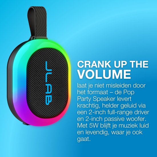 JLab Pop Mini Bluetooth Speaker Draadloos - Draagbare Muziekbox - 8 uur Batterijduur - 5 Watt - IPX6 Waterproof - Multipairing - Instelbare Party Lights - App Equalizer - Zwart