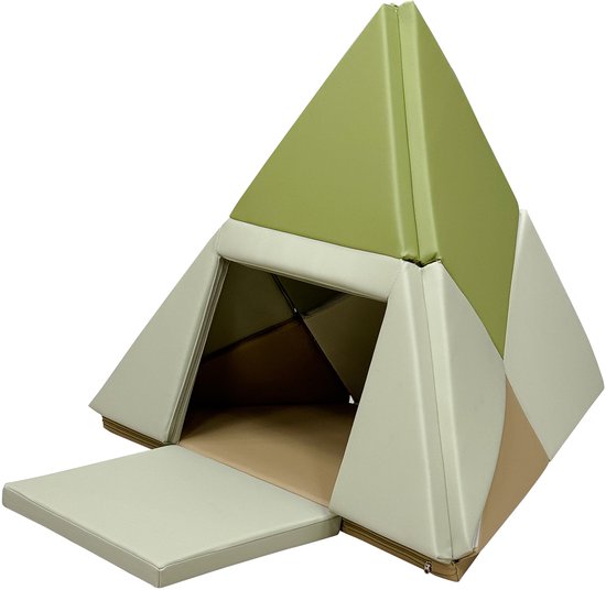 Groene en witte foam speeltent in piramidevorm met openklapbare ingang.