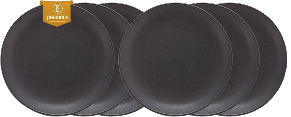 vtwonen - Basic - Set van 6 - Dinerborden - Zwart - Porselein