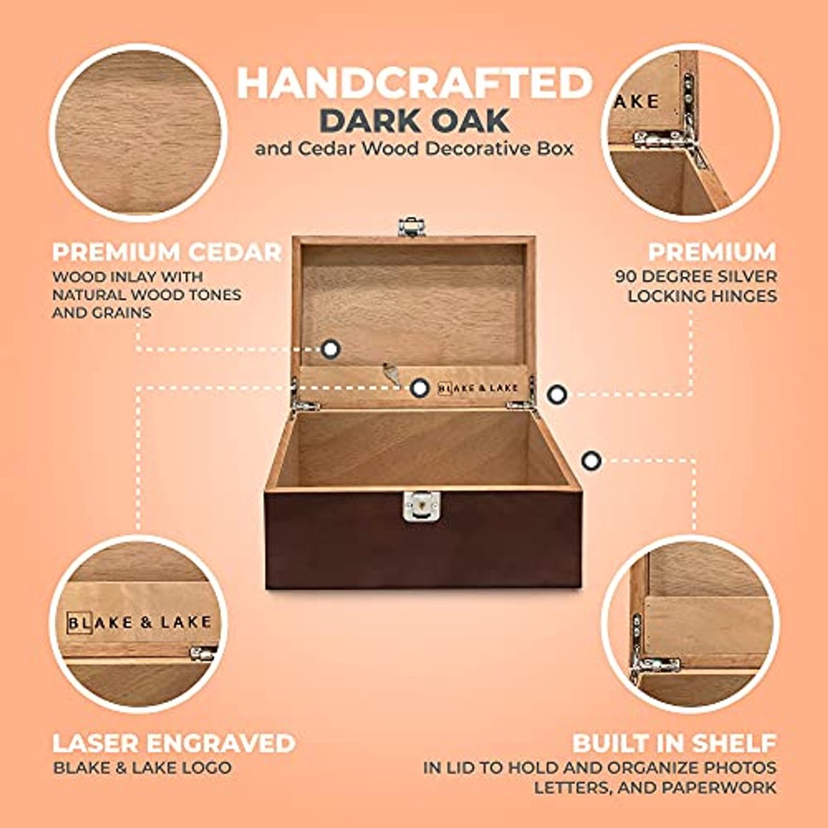 Houten opbergdoos met vergrendeling, decoratieve kist met scharnierend deksel voor souvenirs en persoonlijke items