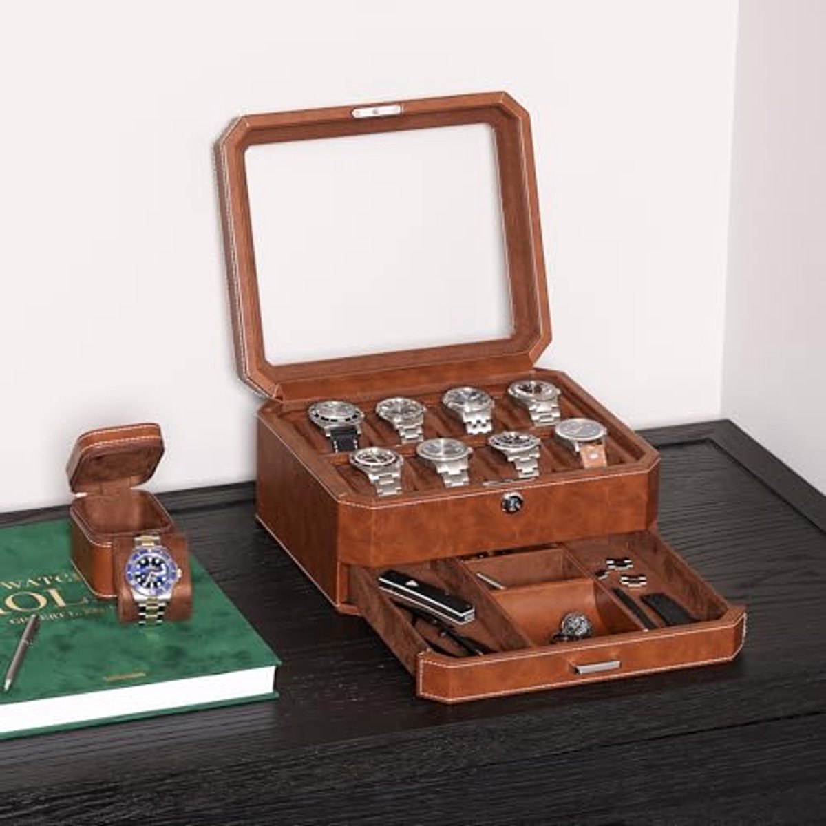 Luxe Heren en Dames Horlogebox met 8 Compartimenten en Valet Lade - Modern en Functioneel Design