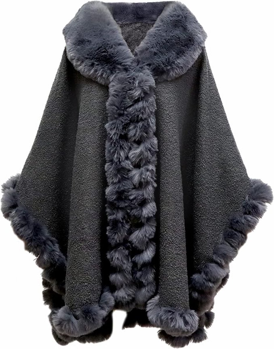 Dames Faux Konijn Bont Cardigan Mantel Poncho Winter Losse Cape Warme Sjaal Wrap - lengte 120 cm, breedte 80 cm - One size - grijs