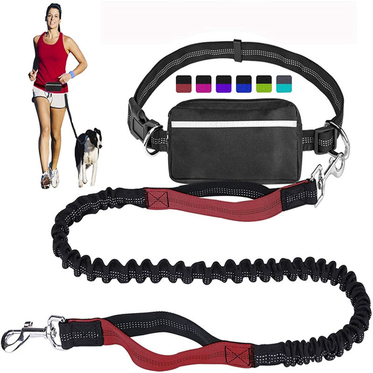 Sportlijnset voor huisdieren - Intrekbare elastische heupband - Dubbel gevoerde handgrepen + heuptas met rits - Reflecterend ontwerp, perfect voor nachtelijke hardloopsessies en wandelingen met de hond - Rood