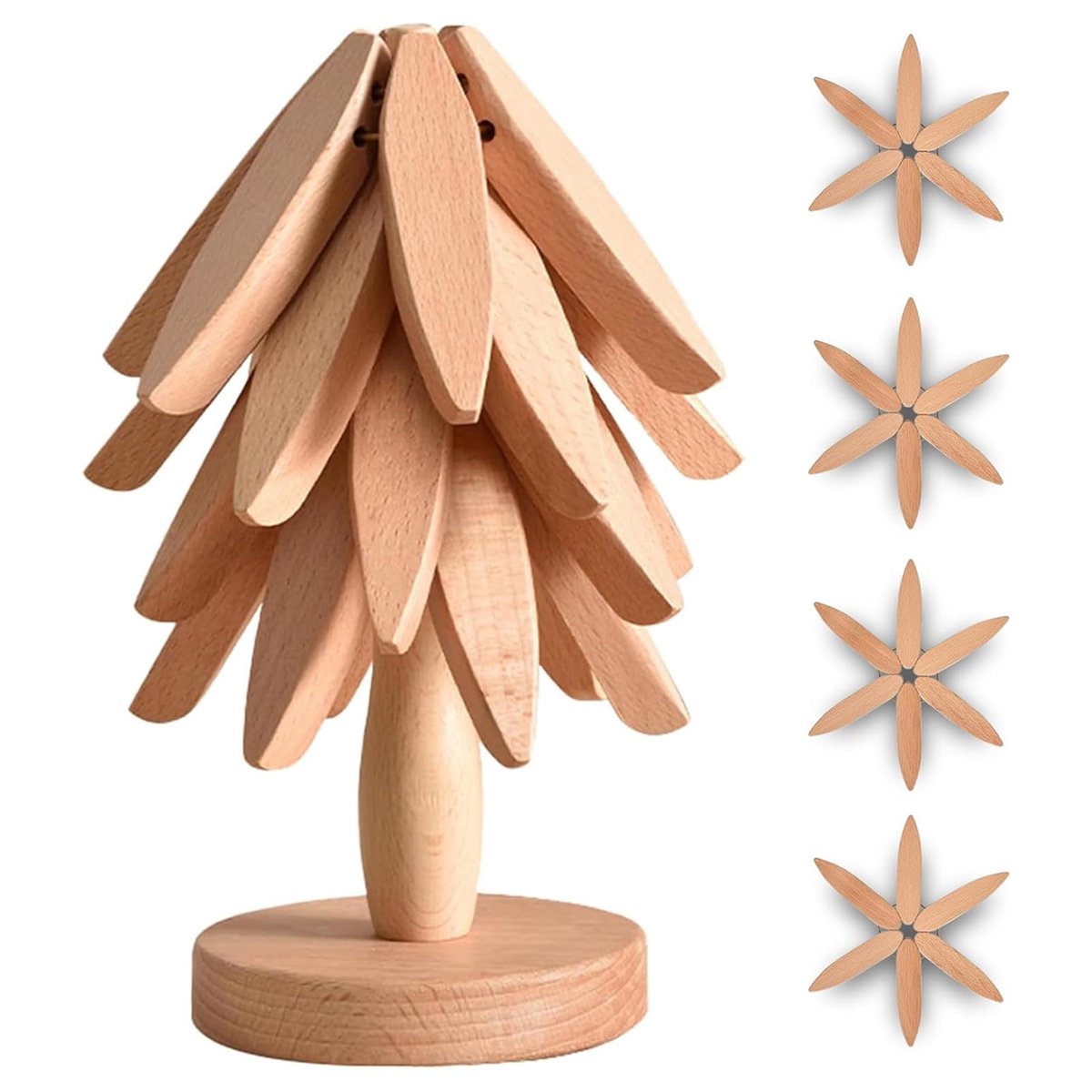 QTTVBTNA - Houten Onderzetters - 4 stuks + 1 Boomstandaard - Kerstboom Design - Hittebestendig & Isolerend - Voor Keuken en Eettafel - Natuurlijk hout - 20x20x1,3cm