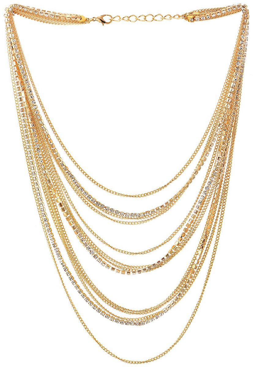 Gouden kleur waterval multi-strand kettingen statement kraag ketting met rhinestone kettingen, jurk, metaal, rhinestone, metaal, rhinestone