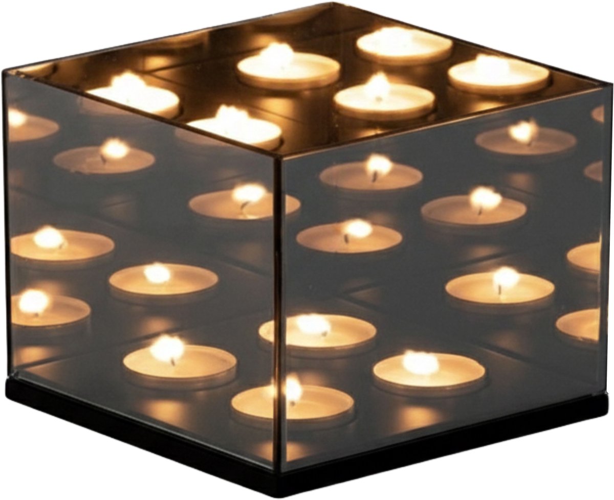 Brixy Waxinelichthouder - Theelichthouder - 4 Waxinelichtjes - Reflecterend Spiegel Glas - Kaarsenhouder - Zwart