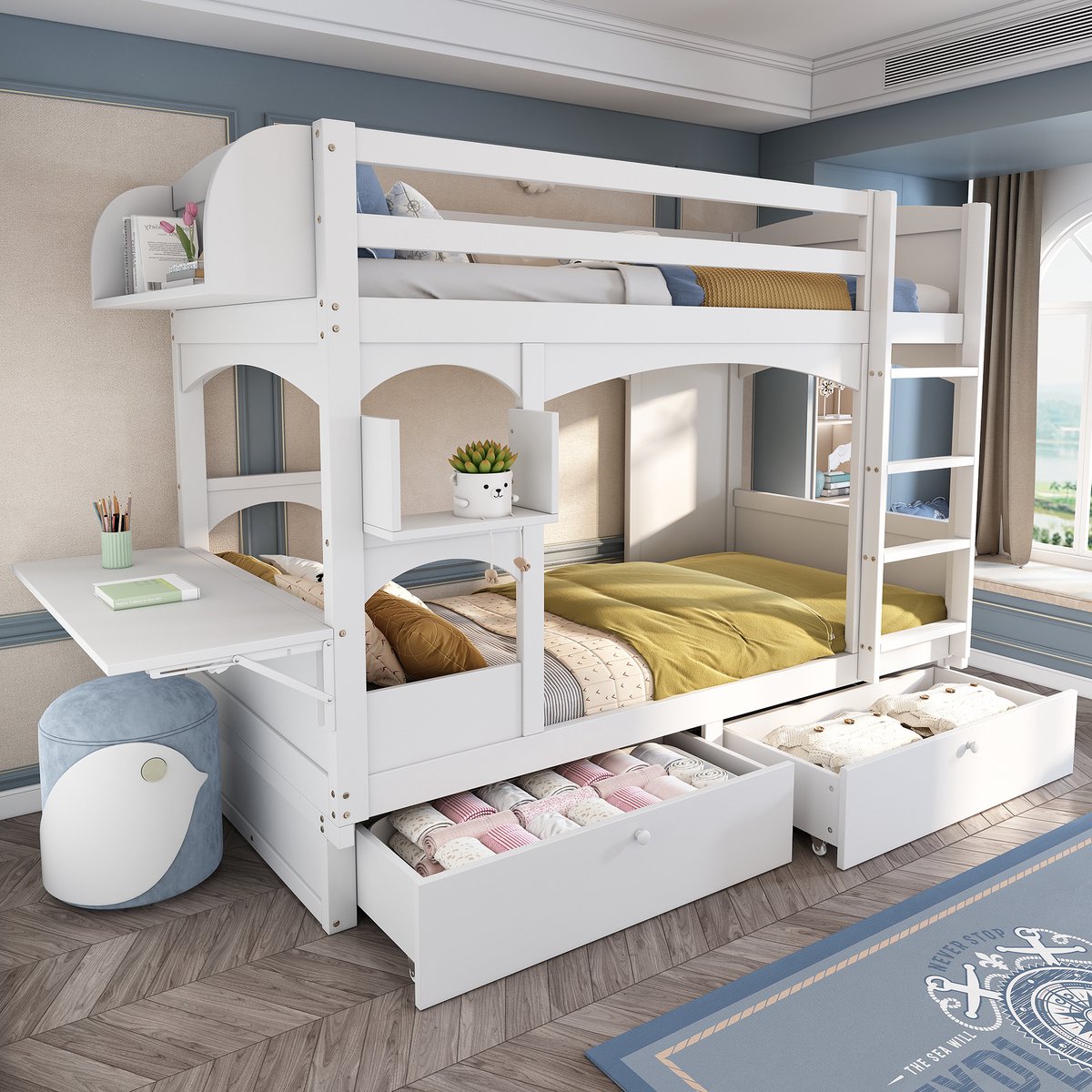 Sweiko Stapelbed - 90*200 cm - Kinderbed - Opvouwbaar bureau - 2 lades - Massief hout + MDF - Wit