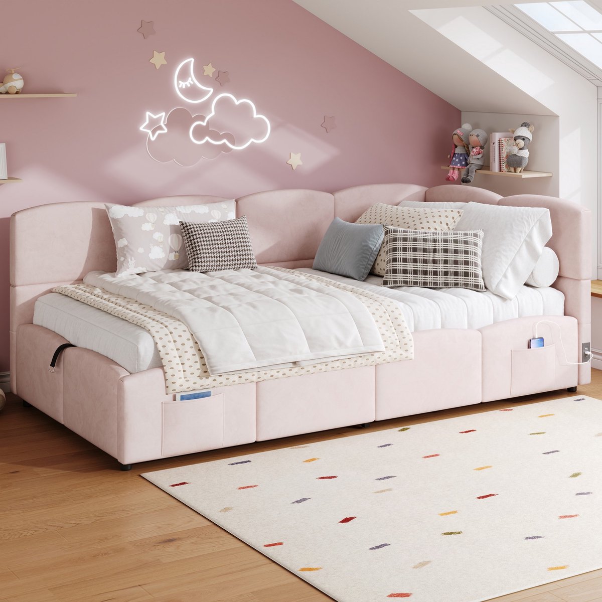 Sweiko Kinderbed - 90x200 cm - Opbergruimte - Slaapbank - USB-poort - Velvet - Roze