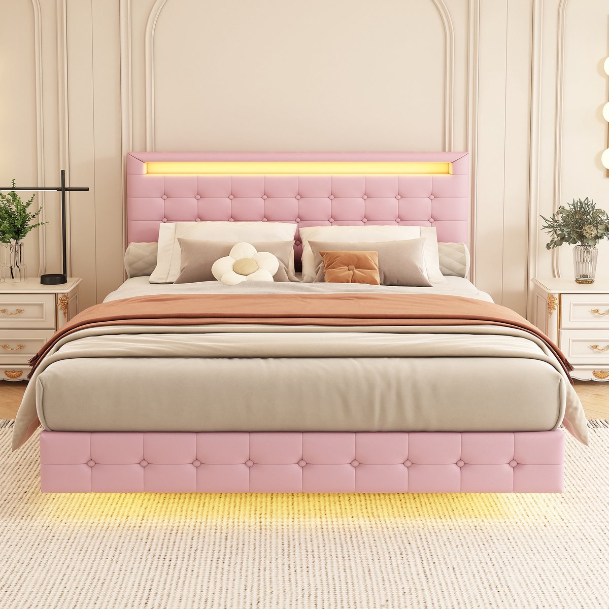 Merax Tweepersoonsbed 140x200 cm - LED-verlichting - 24-toets afstandsbediening - verstelbare hoofdeinde - roze - zonder matras