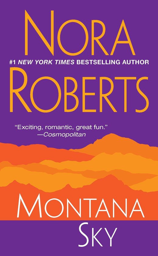 Boekomslag van Montana Sky met paarse achtergrond, gele tekst "NORA ROBERTS" en een afbeelding van oranje en gele bergen.
