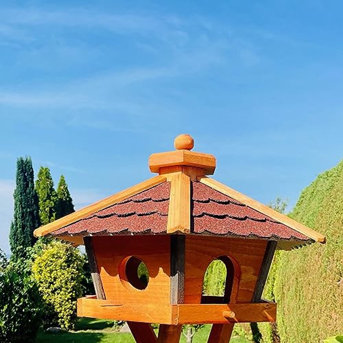 Zeshoekig Vogelhuisje van Hout in L of XL - Inclusief Voederdispenser en Weerbestendig Dak