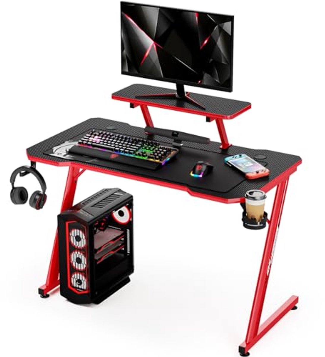 Ergonomische Gaming Desk met Koolstofvezel Tafelblad en Verstelbare Monitorplank