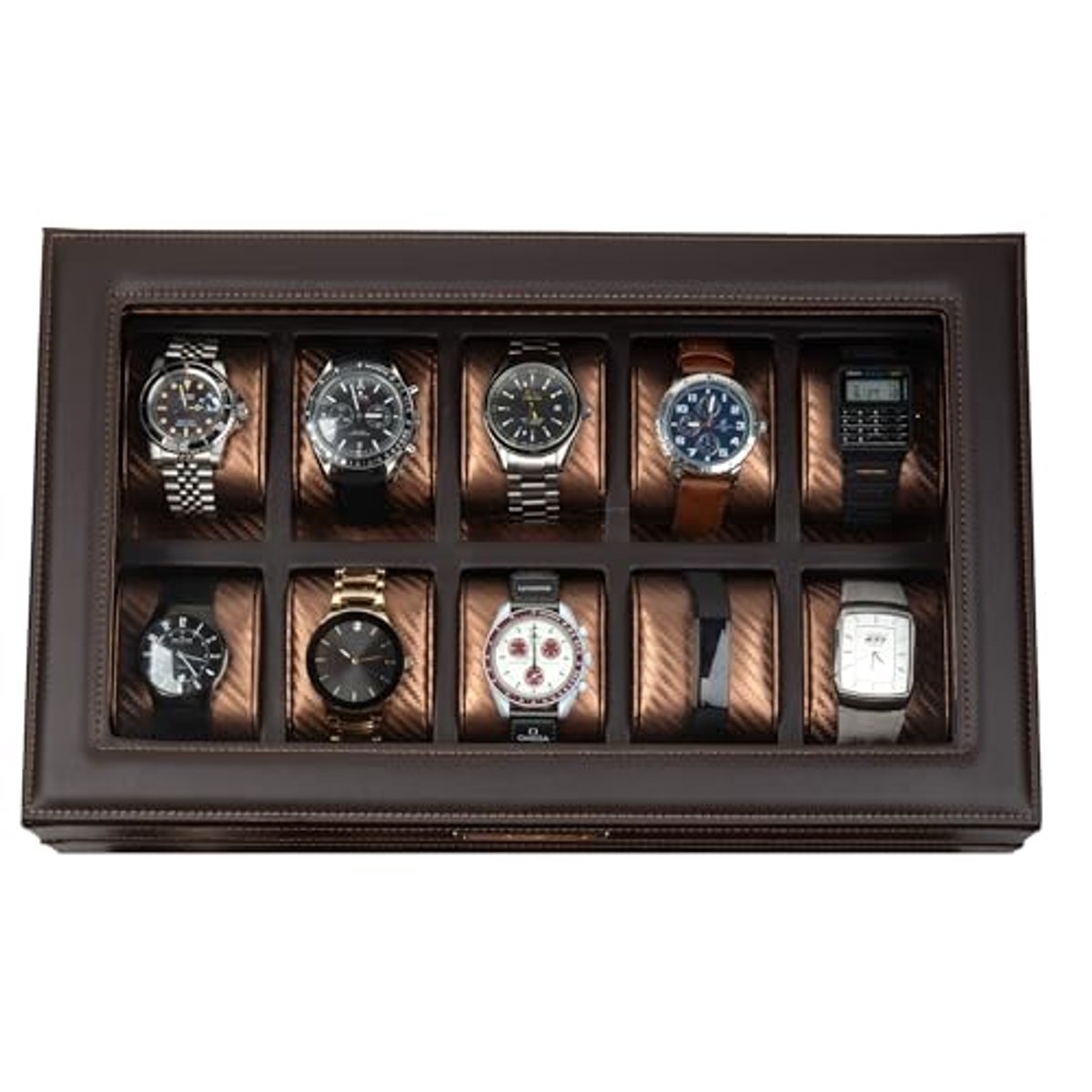Mariner Horlogebox - Koolstofvezel Interieur voor 10 Horloges - Donkerbruin