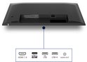 Achterkant van de monitor met poorten: HDMI 1.4, USB-C 65W, USB, USB-A, Audio Out.