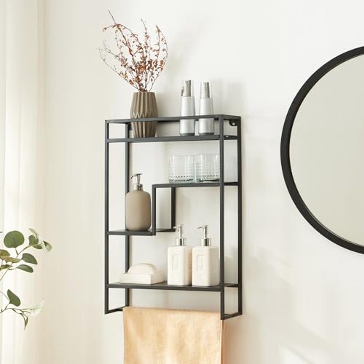 Wandrek met Handdoekhouder en 4 Planken - Zwart - 60x40x13 cm