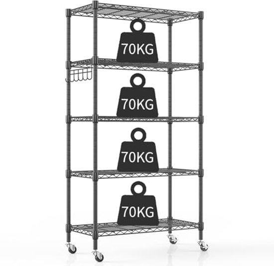 Himimi 5-laags draadstelling met wielen en stelpoten, in hoogte verstelbaar metalen opbergrek, staande opbergrekken voor wasruimte, badkamer, keuken, voorraadkast, 90 * 45 * 208CM, Zilver