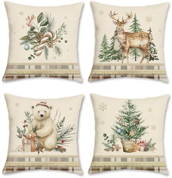 Foto: Selbro winter kerst kussenslopen 45 x 45 cm beer rendier dennenbomen bladeren plaid decoratieve sierkussenslopen voor sofa bank bed thuis xmas vakantie decor set van 4