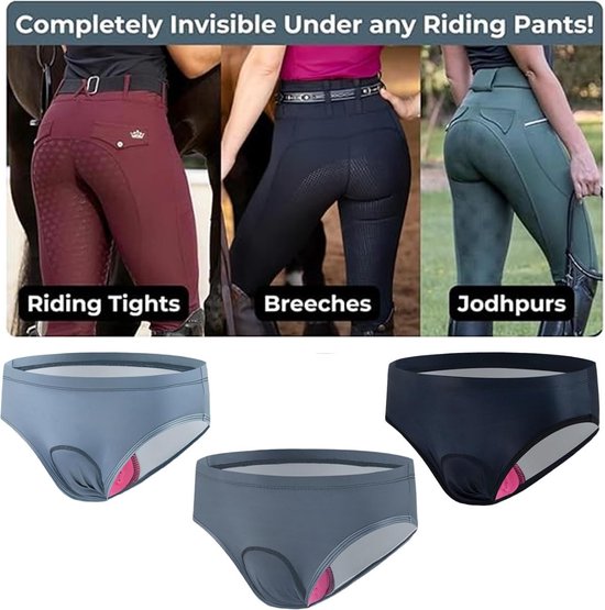 Trois culottes de cyclisme : gris clair, gris et bleu foncé, avec rembourrage rose. Montre l'invisibilité sous les pantalons d'équitation.