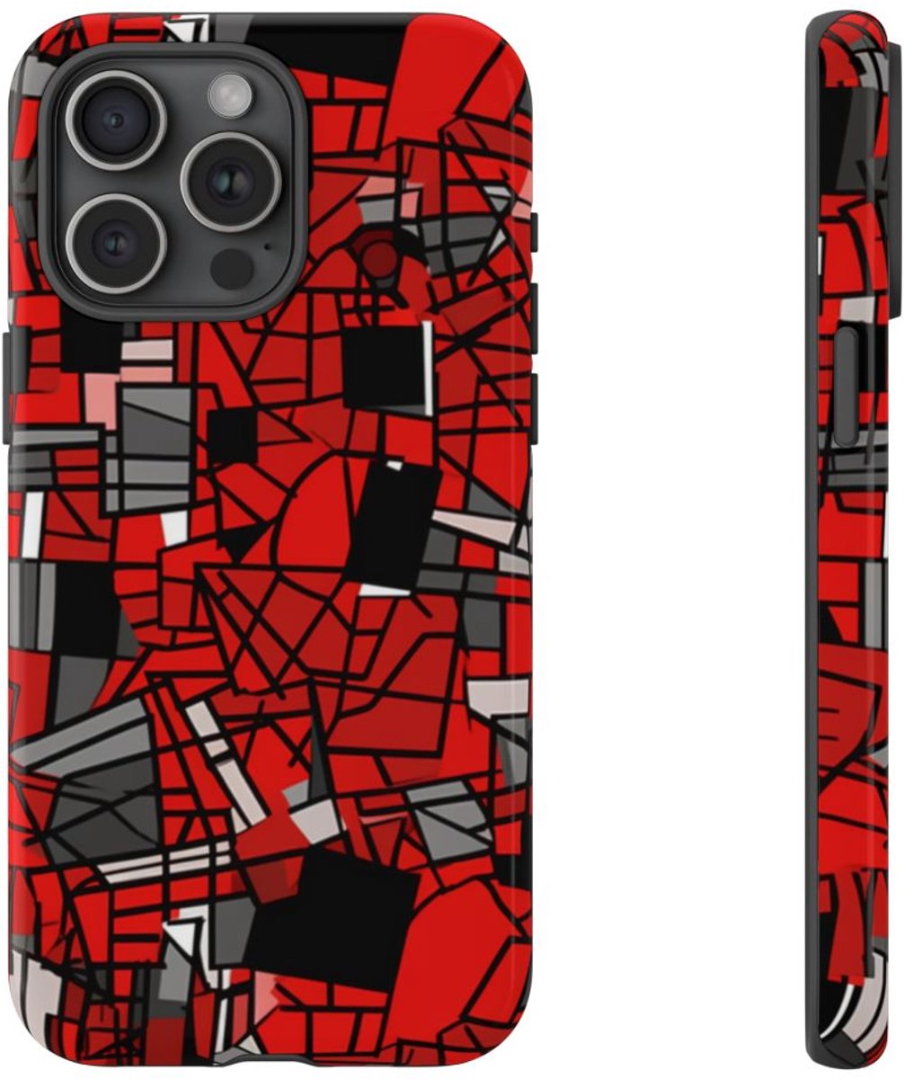 Abstract Rood-Zwart Geometrisch Patroon – Telefoonhoesje Geschikt voor iPhone 15 Pro Max