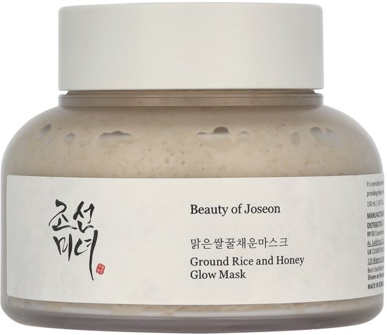 Pot 'Ground Rice and Honey Glow Mask' van Beauty of Joseon, met een label met Koreaanse tekst en productinformatie.