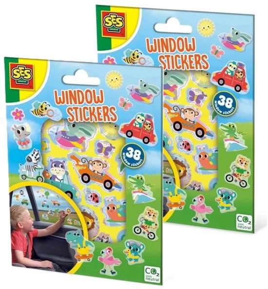 SES Raam/autoraam kinder stickers - 2 setjes - herbruikbaar - dieren en ...