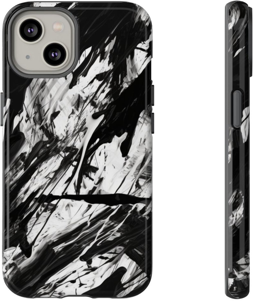Zwart-Witte Abstracte Penseelstreken – Telefoonhoesje Geschikt voor iPhone 14