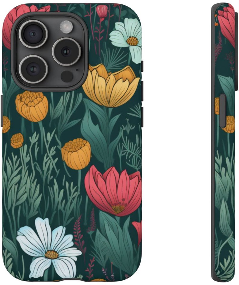 Handgetekend Bloemenweidepatroon – Telefoonhoesje Geschikt voor iPhone 15 Pro