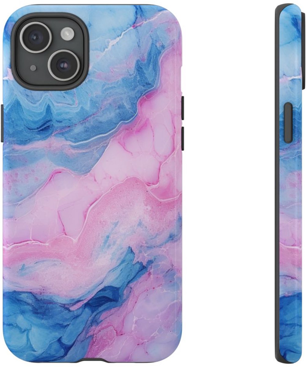 Blauw-Roze Marmerstructuur – Glanzend Stevig Hoesje Geschikt voor iPhone 15 Plus