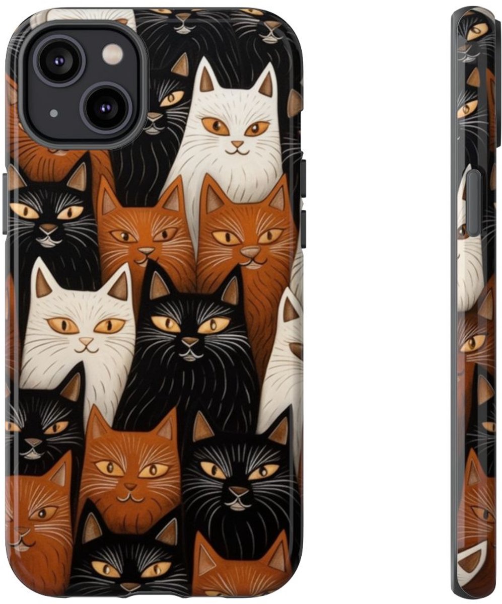 Zwart-Bruin-Wit Kattenpatroon – Glanzend Stevig Hoesje Geschikt voor iPhone 14 Plus